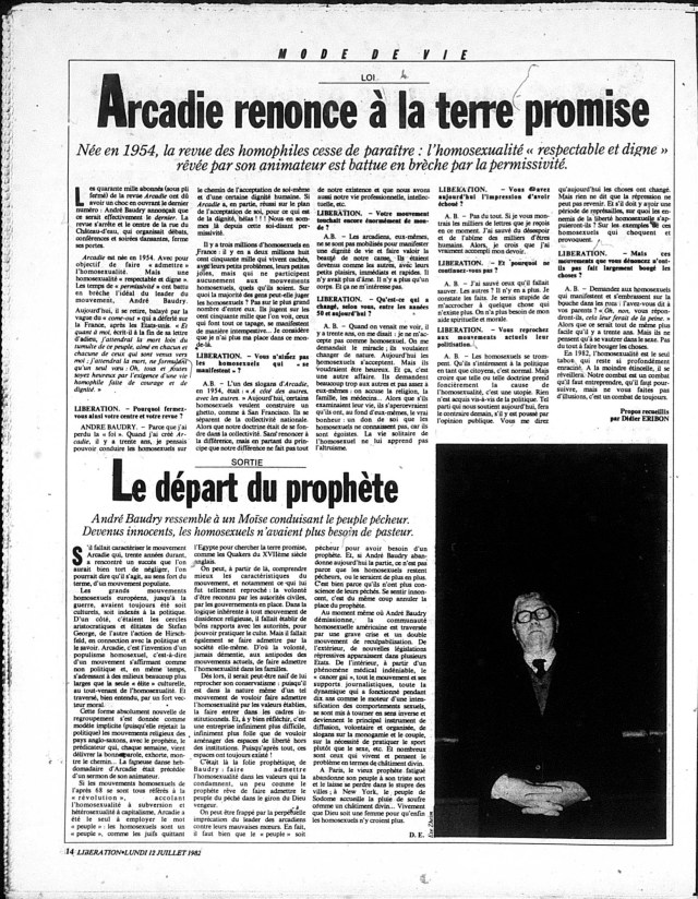 Foucault and Eribon 1982 - Le départ du prophète (on André Baudry)
