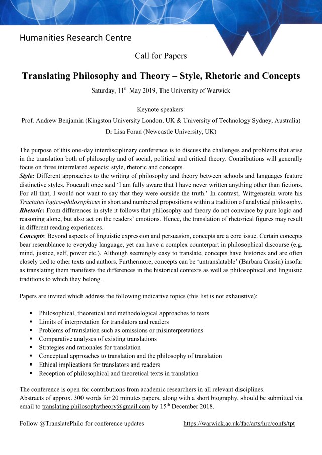 CFP Translating Philosophy and Theory 11 May 2019