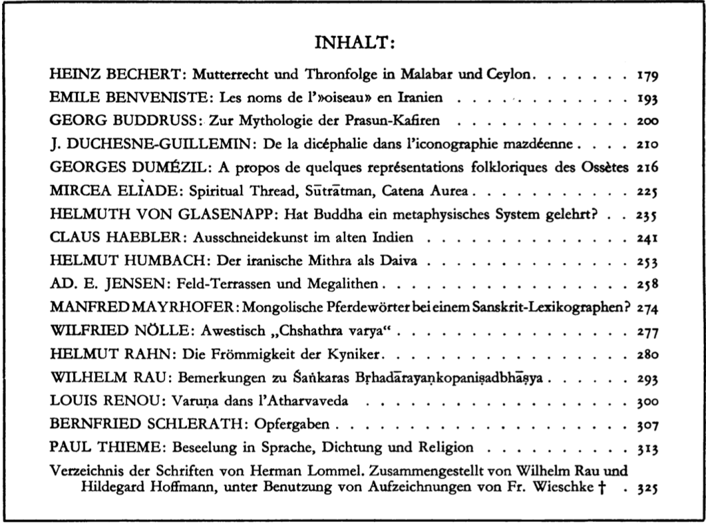 Table of contents of the Lommel Festgabe