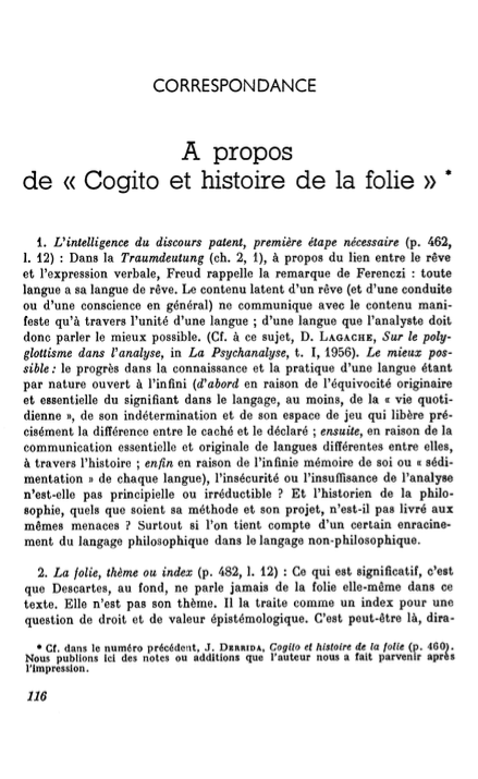 Derrida, “A propos de «Cogito et histoire de la folie»”
