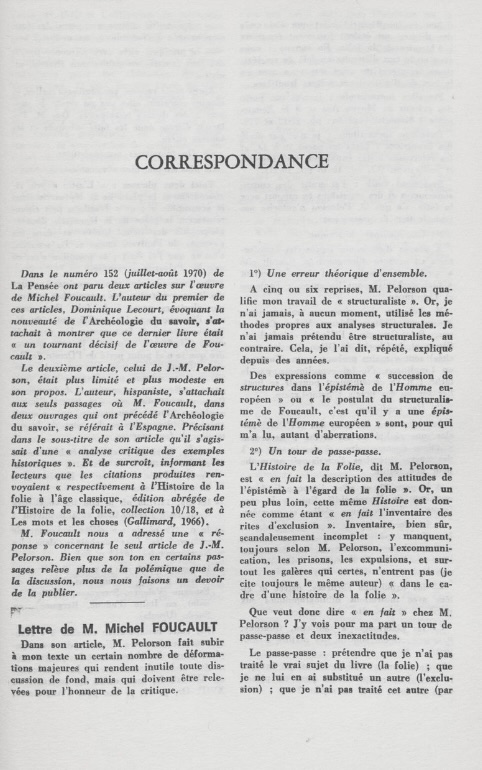 “Lettre de M. Michel Foucault”