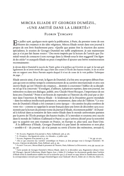 First page of Turcanu 2013 - Mircea Eliade et Georges Dumézil